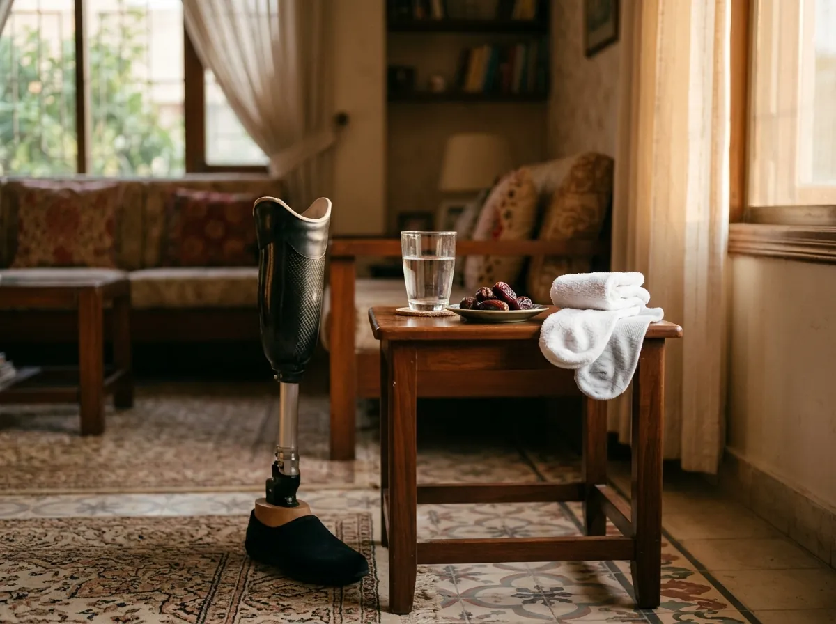 A below knee artificial leg standing beside a small side table that holds a glass of water, a few dates on a plate and two folded stump socks of different thickness, in warm evening light in a clean Karachi home. No people. Photograph taken in Karachi, Pakistan. Any person shown is Pakistani and well dressed, with the face out of frame. Natural daylight, realistic colours, documentary style. No text, no signage, no logos, no watermarks. 4:3 aspect ratio.