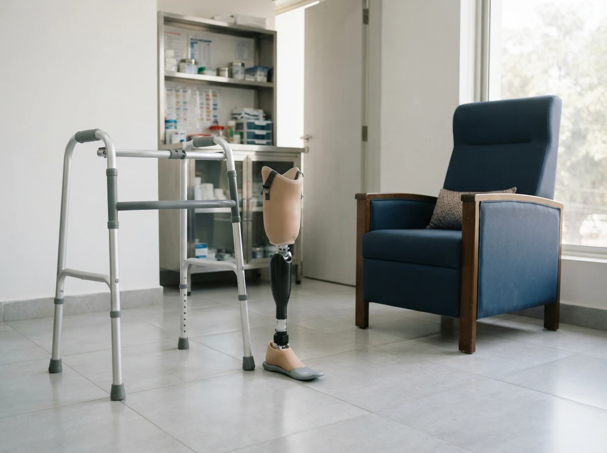 A lightweight below knee artificial leg standing beside a sturdy aluminium walking frame and a firm high seated armchair with armrests, on a clean tiled floor in a bright clinic. The leg and the frame are the subjects. No people. Photograph taken in Karachi, Pakistan, in a clean, modern, well lit private prosthetics clinic with white walls, a polished tiled floor and tidy steel and laminate furniture. Any person shown is Pakistani and well dressed, with the face out of frame. Natural daylight, realistic colours, documentary style. No text, no signage, no logos, no watermarks. 4:3 aspect ratio.