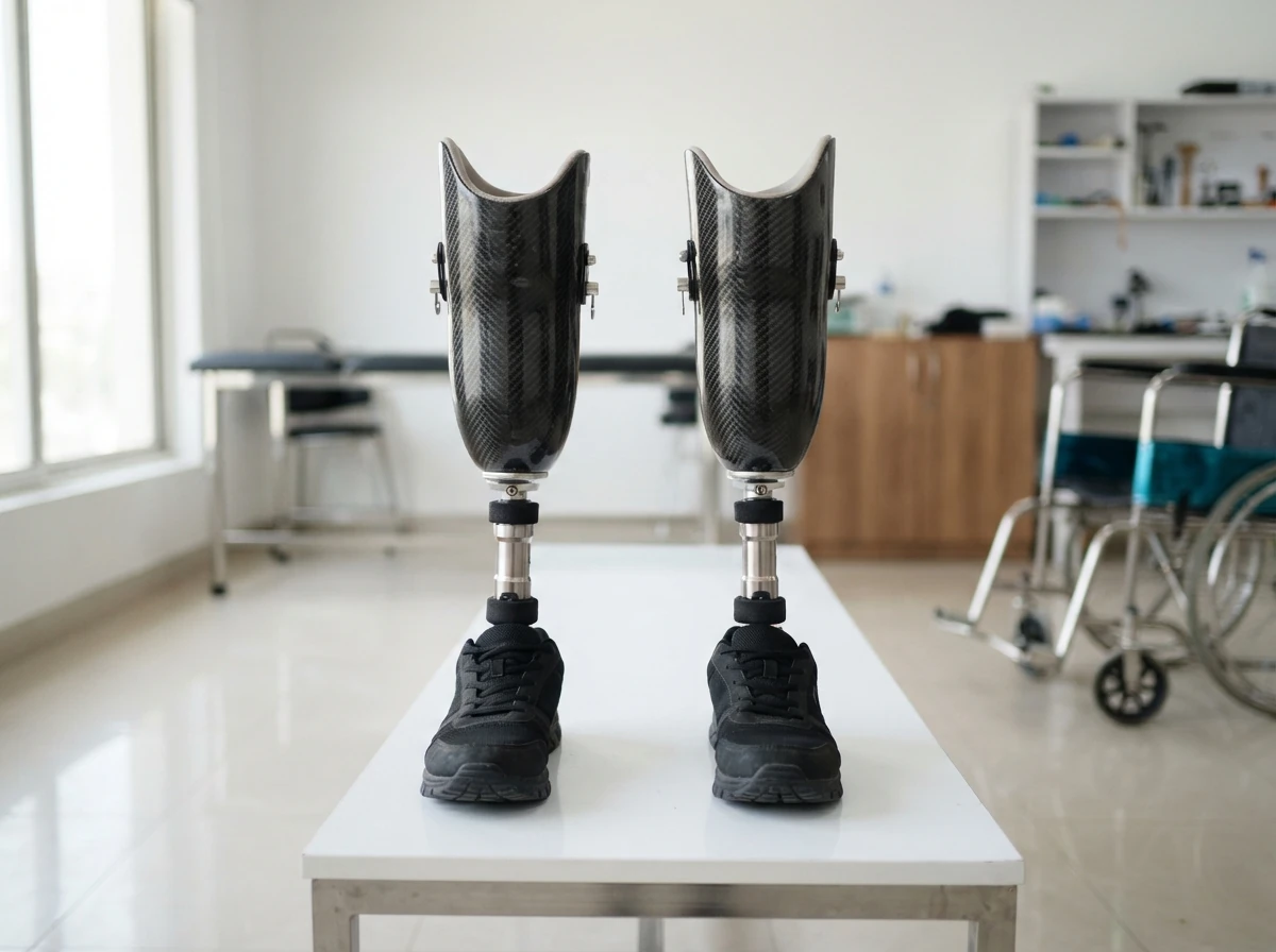 A matched pair of below knee artificial legs with identical carbon sockets and feet in black shoes standing side by side on a white bench, with a folded wheelchair partly visible in the soft background. The legs are the main subject. No people. Photograph taken in Karachi, Pakistan, in a clean, modern, well lit private prosthetics clinic with white walls, a polished tiled floor and tidy steel and laminate furniture. Any person shown is Pakistani and well dressed, with the face out of frame. Natural daylight, realistic colours, documentary style. No text, no signage, no logos, no watermarks. 4:3 aspect ratio.