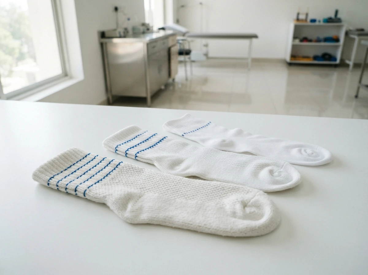 Three white prosthetic stump socks of visibly different thickness, labelled only by small coloured stitching at the top edge in one, three and five lines, fanned out on a white surface. Product photograph. No people. Photograph taken in Karachi, Pakistan, in a clean, modern, well lit private prosthetics clinic with white walls, a polished tiled floor and tidy steel and laminate furniture. Any person shown is Pakistani and well dressed, with the face out of frame. Natural daylight, realistic colours, documentary style. No text, no signage, no logos, no watermarks. 4:3 aspect ratio.