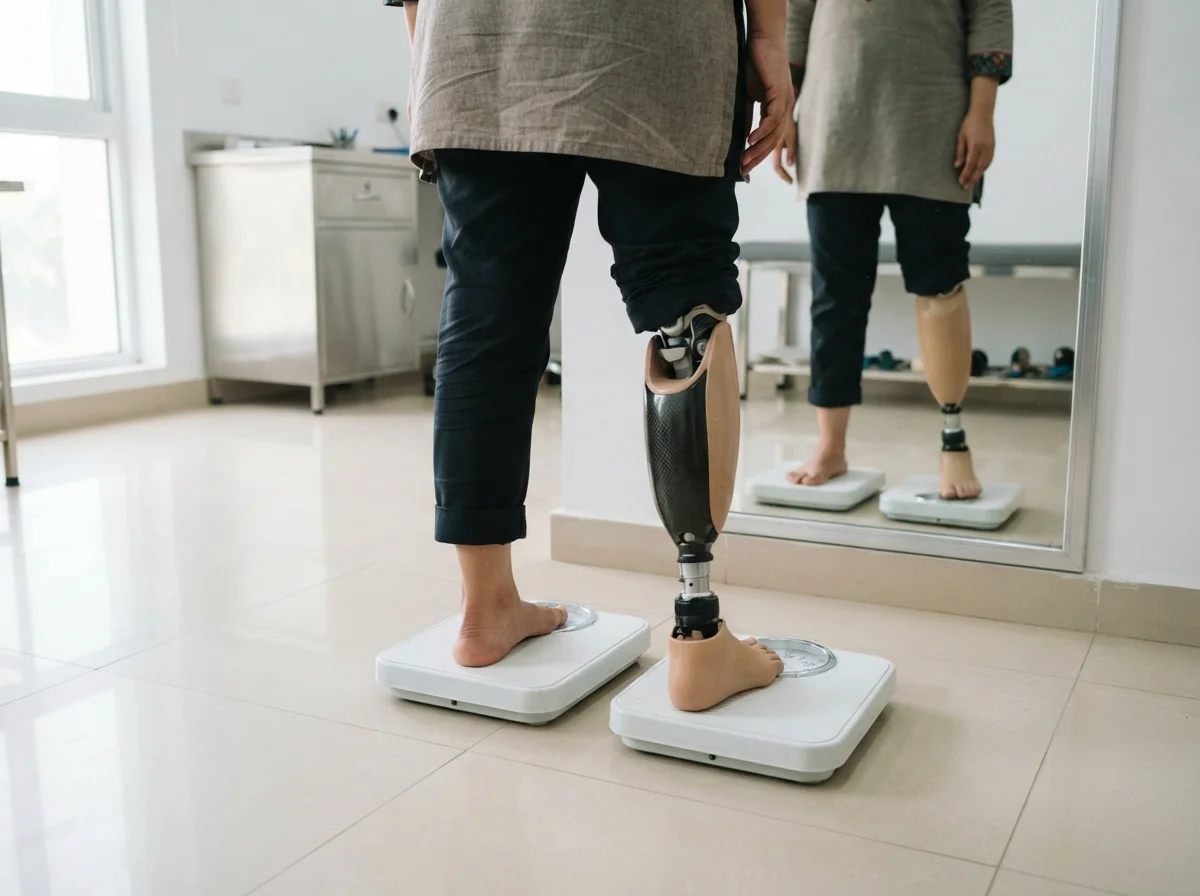 A person wearing a below knee artificial leg standing with each foot on a separate bathroom weighing scale in front of a full length mirror in a clean clinic, photographed from behind at hip height and below so that only the legs and the scales are visible. Photograph taken in Karachi, Pakistan, in a clean, modern, well lit private prosthetics clinic with white walls, a polished tiled floor and tidy steel and laminate furniture. Any person shown is Pakistani and well dressed, with the face out of frame. Natural daylight, realistic colours, documentary style. No text, no signage, no logos, no watermarks. 4:3 aspect ratio.