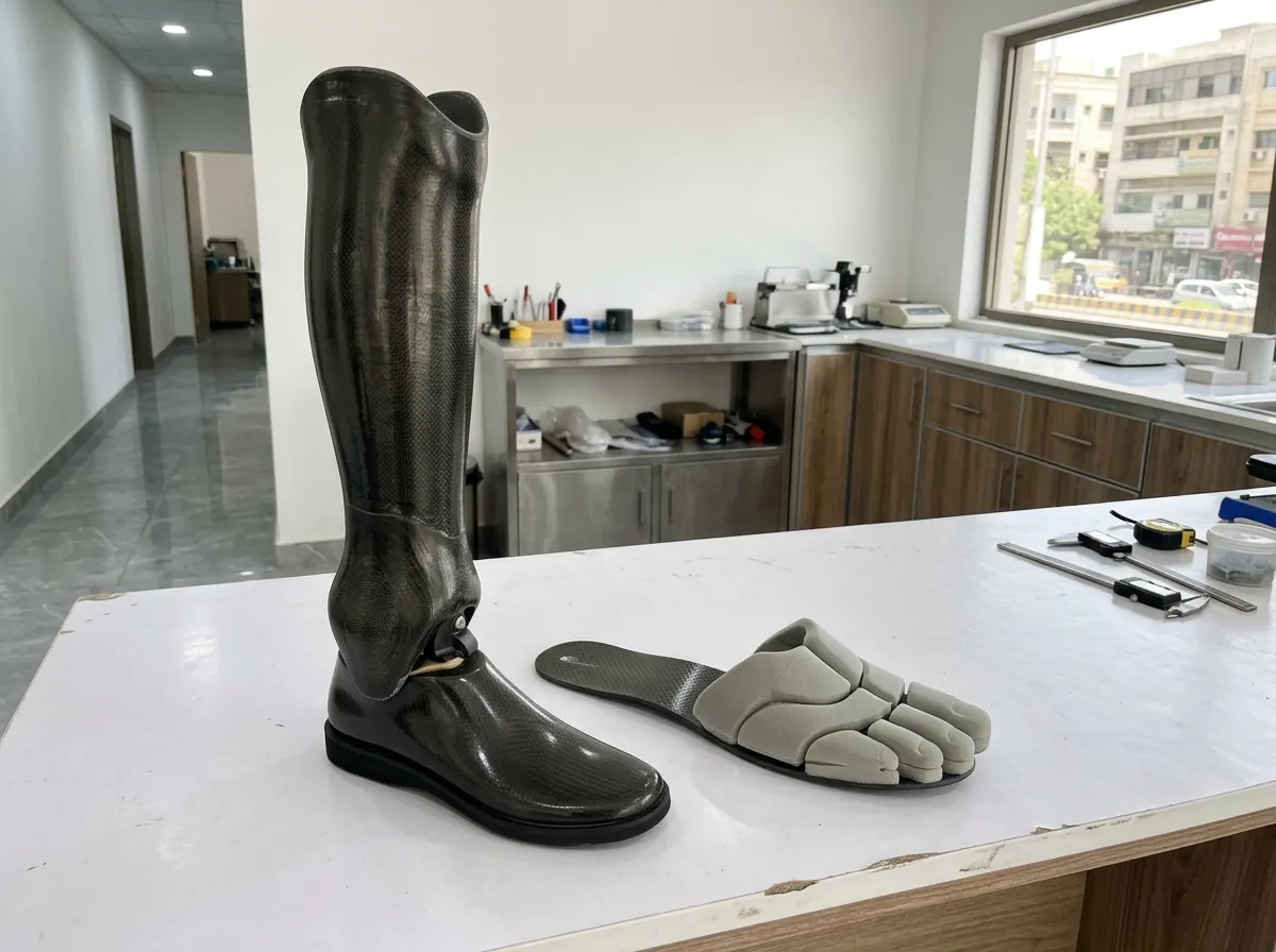 A slim Symes prosthesis with a laminated shin section that widens at the ankle and a low profile foot, standing beside a carbon fibre footplate with a soft foam toe filler attached, on a white bench. Product photograph. No people. Photograph taken in Karachi, Pakistan, in a clean, modern, well lit private prosthetics clinic with white walls, a polished tiled floor and tidy steel and laminate furniture. Any person shown is Pakistani and well dressed, with the face out of frame. Natural daylight, realistic colours, documentary style. No text, no signage, no logos, no watermarks. 4:3 aspect ratio.