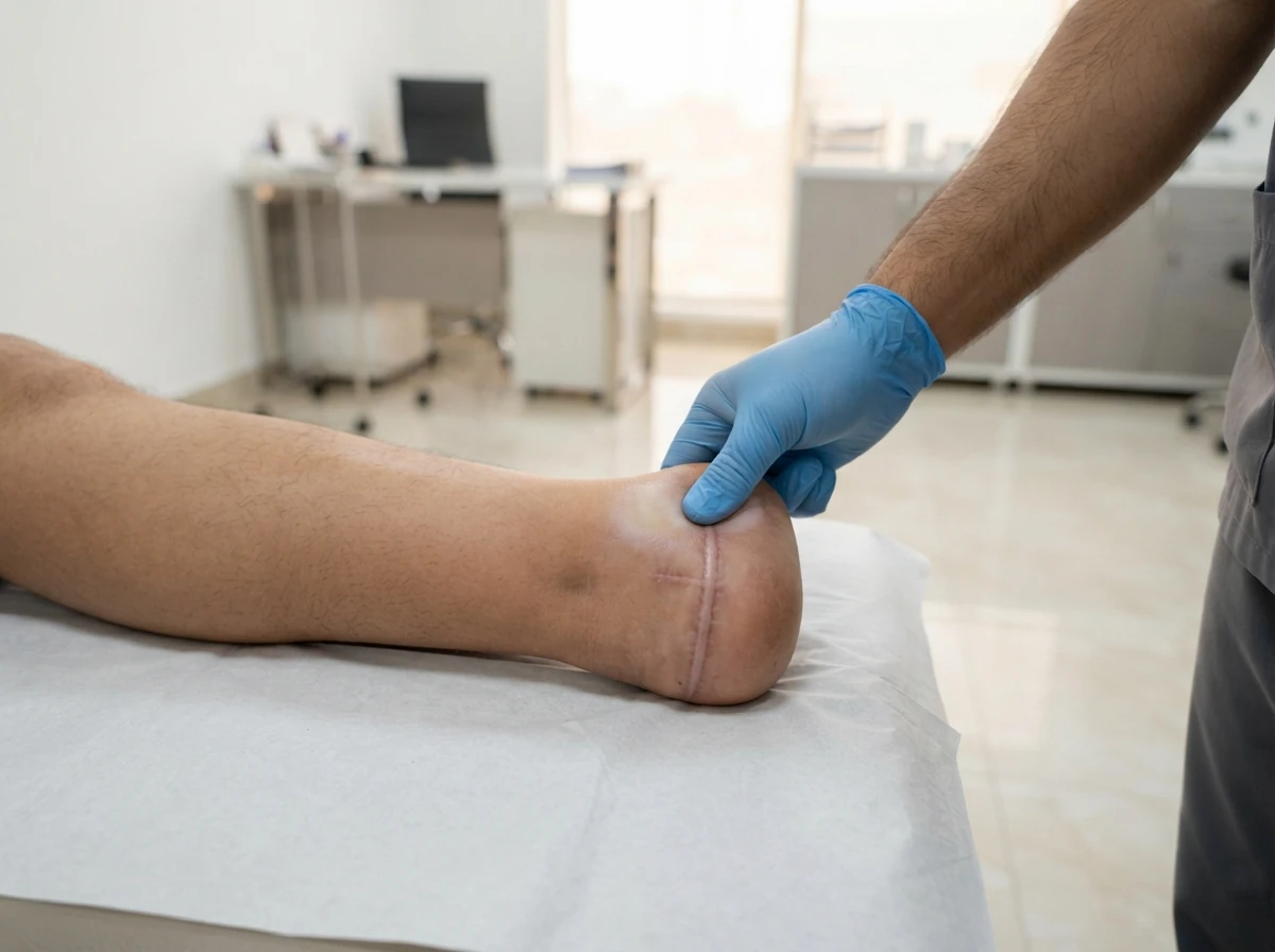 A below knee residual limb with a fully healed pale surgical scar resting on a clean white examination couch while a gloved hand gently presses the skin near the end to check how quickly the colour returns, close view showing only the limb and the hand. Photograph taken in Karachi, Pakistan, in a clean, modern, well lit private prosthetics clinic with white walls, a polished tiled floor and tidy steel and laminate furniture. Any person shown is Pakistani and well dressed, with the face out of frame. Natural daylight, realistic colours, documentary style. No text, no signage, no logos, no watermarks. 4:3 aspect ratio.