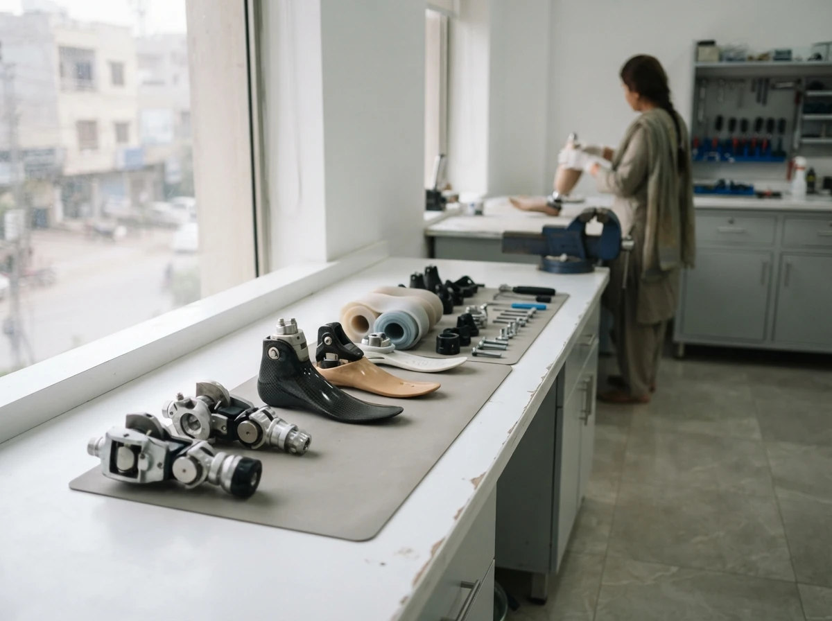 An assortment of unbranded prosthetic components from different makers arranged neatly on a long white bench: two knee joints, three different prosthetic feet, two rolled liners and several adapters, with all surfaces plain and free of any logos or lettering. Product photograph. No people. Photograph taken in Karachi, Pakistan, in a clean, modern, well lit private prosthetics clinic with white walls, a polished tiled floor and tidy steel and laminate furniture. Any person shown is Pakistani and well dressed, with the face out of frame. Natural daylight, realistic colours, documentary style. No text, no signage, no logos, no watermarks. 4:3 aspect ratio.