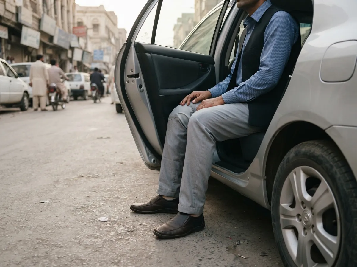 A person wearing an above knee artificial leg seated sideways on the rear seat of a clean saloon car with the door open, both feet resting on the ground outside, the artificial knee bent at a right angle under pressed grey trousers, photographed from outside at seat height, face out of frame. Photograph taken in Karachi, Pakistan. Any person shown is Pakistani and well dressed, with the face out of frame. Natural daylight, realistic colours, documentary style. No text, no signage, no logos, no watermarks. 4:3 aspect ratio.