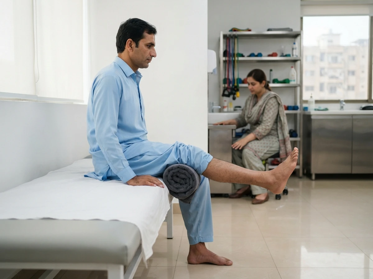 A man in a pressed light blue shalwar kameez seated on a physiotherapy couch, straightening his below knee residual limb fully while a rolled towel sits under the thigh, photographed from the side with the face out of frame. Photograph taken in Karachi, Pakistan, in a clean, modern, well lit private prosthetics clinic with white walls, a polished tiled floor and tidy steel and laminate furniture. Any person shown is Pakistani and well dressed, with the face out of frame. Natural daylight, realistic colours, documentary style. No text, no signage, no logos, no watermarks. 4:3 aspect ratio.