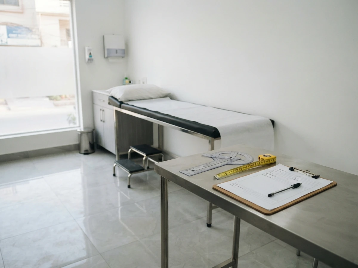 A clean clinic assessment room with an examination couch covered in white paper, a measuring tape, a goniometer for measuring joint angles and a clipboard with a blank assessment form laid out neatly on a side table. No people. Photograph taken in Karachi, Pakistan, in a clean, modern, well lit private prosthetics clinic with white walls, a polished tiled floor and tidy steel and laminate furniture. Any person shown is Pakistani and well dressed, with the face out of frame. Natural daylight, realistic colours, documentary style. No text, no signage, no logos, no watermarks. 4:3 aspect ratio.