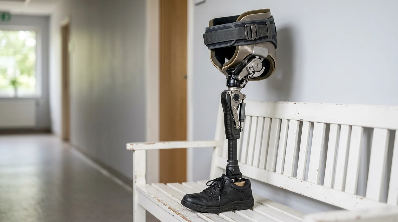 A hip disarticulation artificial leg standing upright on a white bench: a moulded pelvic bucket socket with a wide waist strap at the top, a hip joint at the front, a thigh tube, a knee joint, a pylon and a foot in a black shoe. The leg is the only subject. No people. Photograph taken in Karachi, Pakistan, in a clean, modern, well lit private prosthetics clinic with white walls, a polished tiled floor and tidy steel and laminate furniture. Any person shown is Pakistani and well dressed, with the face out of frame. Natural daylight, realistic colours, documentary style. No text, no signage, no logos, no watermarks. 4:3 aspect ratio.