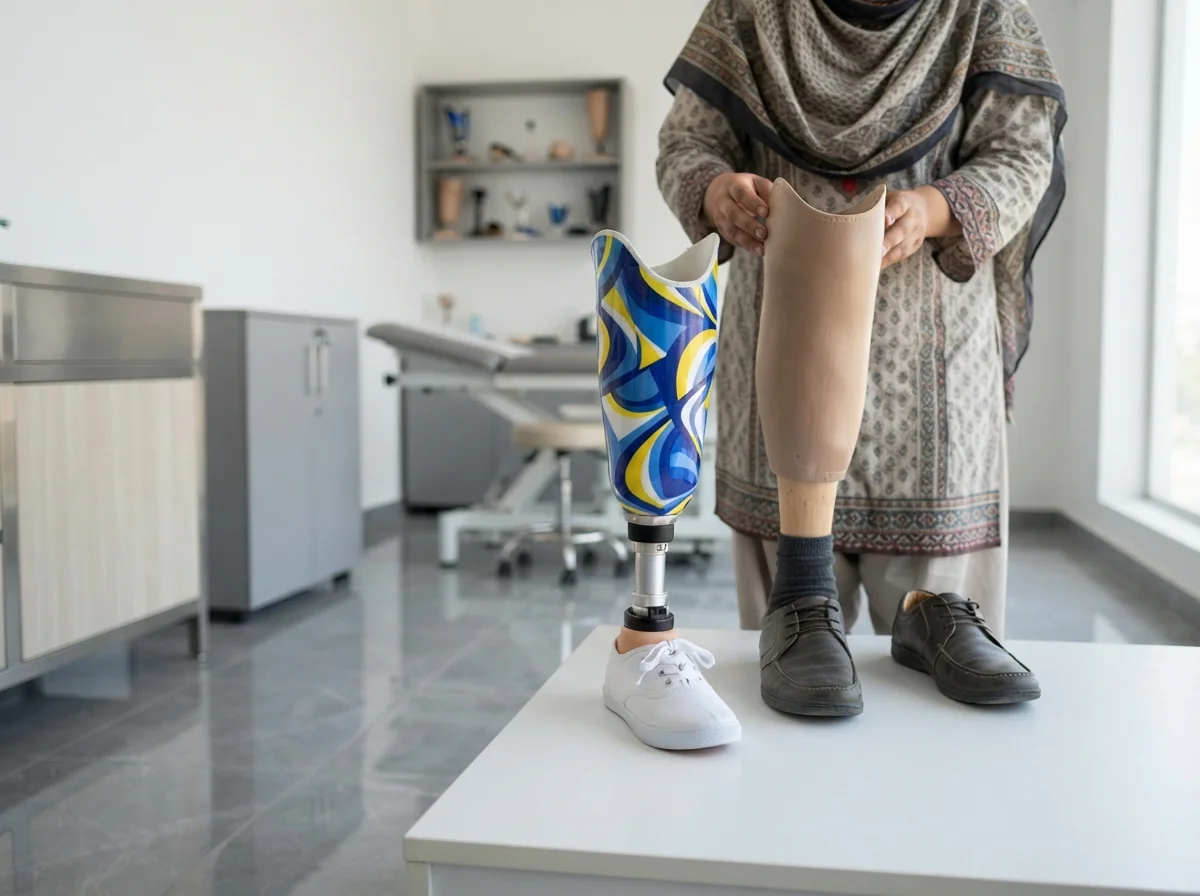 A small child size below knee artificial leg with a brightly patterned laminated socket in blue and yellow and a small foot in a white canvas school shoe, standing on a white bench beside an adult size leg for scale. Product photograph. No people. Photograph taken in Karachi, Pakistan, in a clean, modern, well lit private prosthetics clinic with white walls, a polished tiled floor and tidy steel and laminate furniture. Any person shown is Pakistani and well dressed, with the face out of frame. Natural daylight, realistic colours, documentary style. No text, no signage, no logos, no watermarks. 4:3 aspect ratio.
