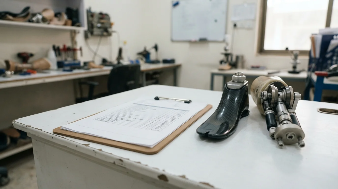 A printed artificial leg quotation on a clipboard with each component listed on a separate line, lying on a white desk beside a prosthetic foot and a knee joint, photographed at an angle so the individual words cannot be read. No people. Photograph taken in Karachi, Pakistan, in a clean, modern, well lit private prosthetics clinic with white walls, a polished tiled floor and tidy steel and laminate furniture. Any person shown is Pakistani and well dressed, with the face out of frame. Natural daylight, realistic colours, documentary style. No text, no signage, no logos, no watermarks. 4:3 aspect ratio.