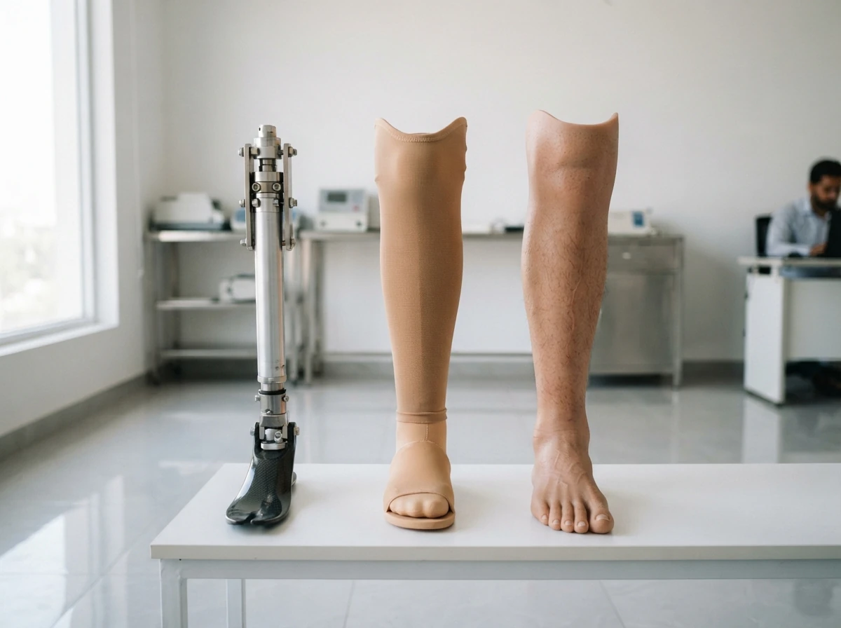 Three finishes of the same below knee artificial leg standing side by side on a white bench: a bare metal pylon, a hand shaped foam cover with a skin toned stocking, and a high definition silicone cover showing realistic skin texture and toenails. Product photograph. No people. Photograph taken in Karachi, Pakistan, in a clean, modern, well lit private prosthetics clinic with white walls, a polished tiled floor and tidy steel and laminate furniture. Any person shown is Pakistani and well dressed, with the face out of frame. Natural daylight, realistic colours, documentary style. No text, no signage, no logos, no watermarks. 4:3 aspect ratio.