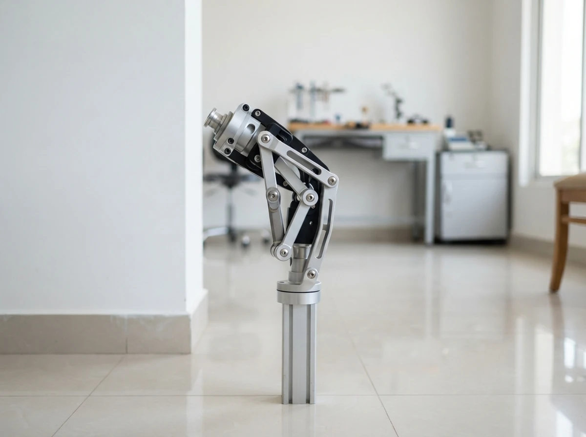A four bar polycentric prosthetic knee joint with its linkage bars clearly visible, mounted on a short pylon and photographed from the side against a plain white background, slightly bent to show the mechanism. Product photograph. No people. Photograph taken in Karachi, Pakistan, in a clean, modern, well lit private prosthetics clinic with white walls, a polished tiled floor and tidy steel and laminate furniture. Any person shown is Pakistani and well dressed, with the face out of frame. Natural daylight, realistic colours, documentary style. No text, no signage, no logos, no watermarks. 4:3 aspect ratio.