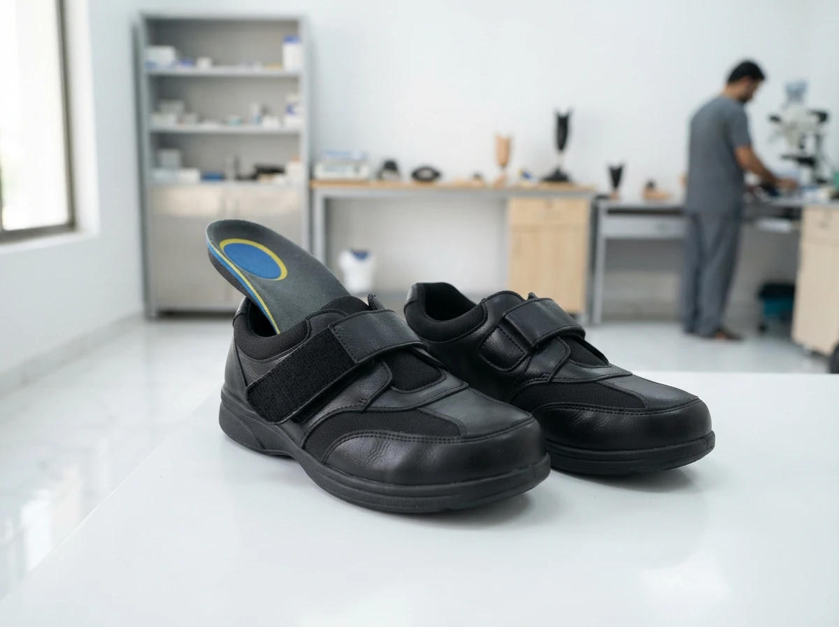 A pair of black extra depth diabetic shoes with a wide rounded toe box and hook and loop closures, with one soft multi layer custom insole lifted out and leaning against the shoe, on a white surface. Product photograph. No people. Photograph taken in Karachi, Pakistan, in a clean, modern, well lit private prosthetics clinic with white walls, a polished tiled floor and tidy steel and laminate furniture. Any person shown is Pakistani and well dressed, with the face out of frame. Natural daylight, realistic colours, documentary style. No text, no signage, no logos, no watermarks. 4:3 aspect ratio.
