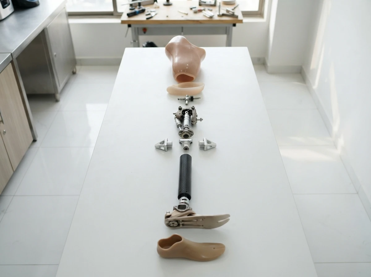 An exploded arrangement of all the parts of an above knee artificial leg laid out in a vertical line on a white surface: socket, liner, lock, knee joint, adapters, pylon, foot and foot shell. Flat lay product photograph from above. No people. Photograph taken in Karachi, Pakistan, in a clean, modern, well lit private prosthetics clinic with white walls, a polished tiled floor and tidy steel and laminate furniture. Any person shown is Pakistani and well dressed, with the face out of frame. Natural daylight, realistic colours, documentary style. No text, no signage, no logos, no watermarks. 4:3 aspect ratio.