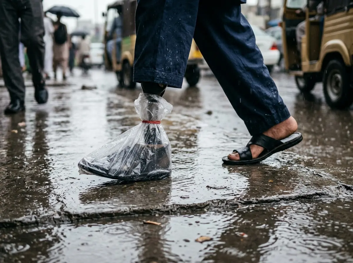 A prosthetic foot and ankle covered with a clear plastic bag secured by a rubber band above the ankle, stepping along a wet Karachi pavement in light monsoon rain, photographed at ground level with only the lower legs visible. Photograph taken in Karachi, Pakistan. Any person shown is Pakistani and well dressed, with the face out of frame. Natural daylight, realistic colours, documentary style. No text, no signage, no logos, no watermarks. 4:3 aspect ratio.
