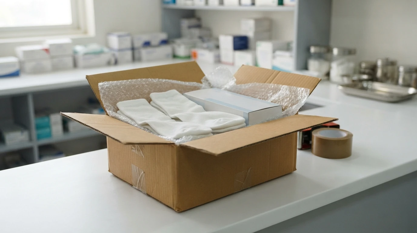 A cardboard courier parcel open on a clean clinic counter being packed with folded white stump socks and a boxed gel liner, with a roll of packing tape beside it, photographed so that no labels are readable. No people. Photograph taken in Karachi, Pakistan, in a clean, modern, well lit private prosthetics clinic with white walls, a polished tiled floor and tidy steel and laminate furniture. Any person shown is Pakistani and well dressed, with the face out of frame. Natural daylight, realistic colours, documentary style. No text, no signage, no logos, no watermarks. 4:3 aspect ratio.