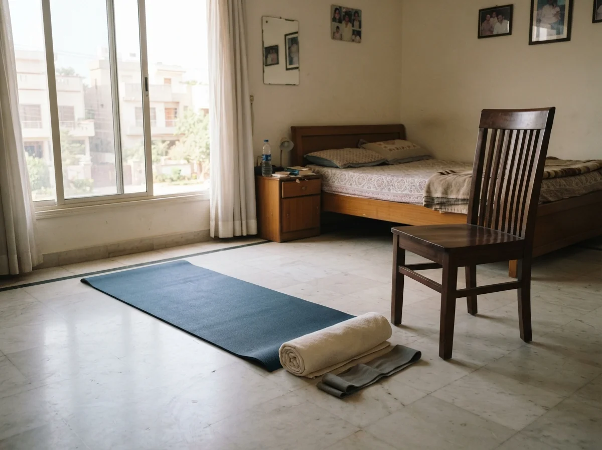 A firm exercise mat on a clean floor with a rolled towel, a light resistance band and a sturdy dining chair placed beside it, set out for a home exercise session in a bright Karachi bedroom. No people. Photograph taken in Karachi, Pakistan. Any person shown is Pakistani and well dressed, with the face out of frame. Natural daylight, realistic colours, documentary style. No text, no signage, no logos, no watermarks. 4:3 aspect ratio.