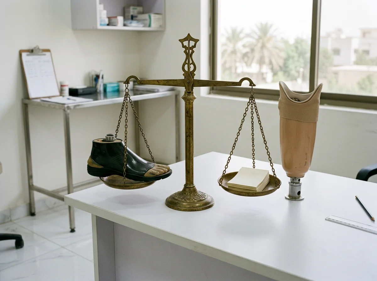 An old fashioned brass balance scale on a white desk with a prosthetic foot on one pan and a stack of plain blank paper slips on the other, beside a below knee socket. Still life photograph. No people. Photograph taken in Karachi, Pakistan, in a clean, modern, well lit private prosthetics clinic with white walls, a polished tiled floor and tidy steel and laminate furniture. Any person shown is Pakistani and well dressed, with the face out of frame. Natural daylight, realistic colours, documentary style. No text, no signage, no logos, no watermarks. 4:3 aspect ratio.