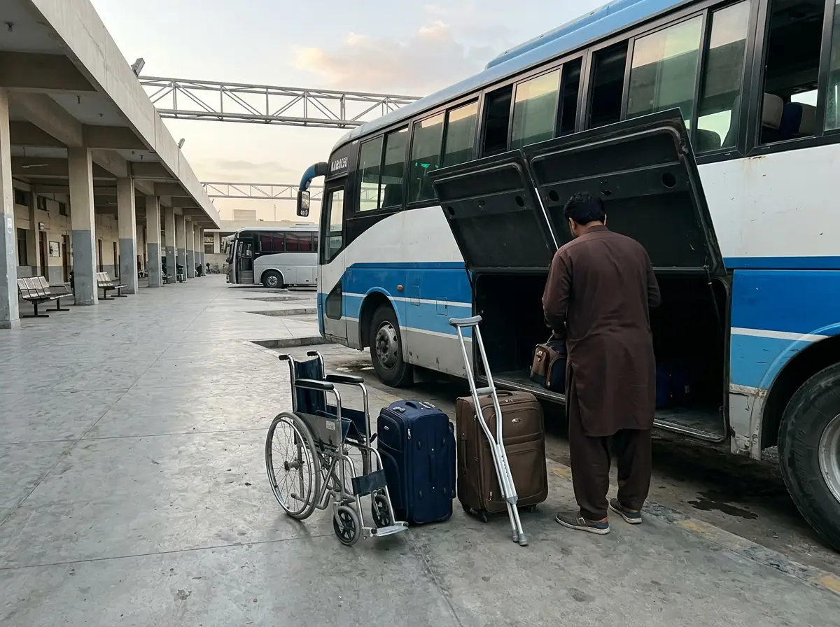 A long distance coach with its luggage hold open at a clean intercity bus terminal in Karachi in early morning light, with a folded wheelchair and a pair of crutches standing beside two travel bags on the ground. No people. Photograph taken in Karachi, Pakistan. Any person shown is Pakistani and well dressed, with the face out of frame. Natural daylight, realistic colours, documentary style. No text, no signage, no logos, no watermarks. 4:3 aspect ratio.