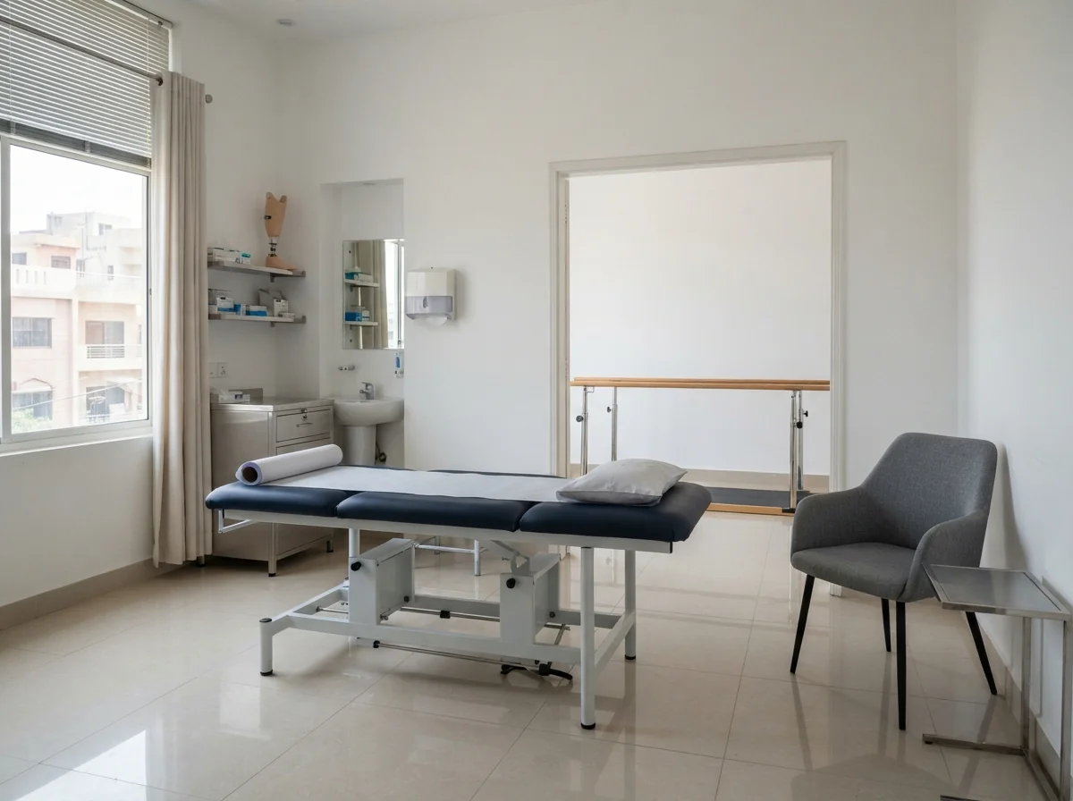 A bright clean clinic assessment room with an examination couch, a chair for a family member beside it and chrome parallel bars visible through an open doorway beyond. No people. Photograph taken in Karachi, Pakistan, in a clean, modern, well lit private prosthetics clinic with white walls, a polished tiled floor and tidy steel and laminate furniture. Any person shown is Pakistani and well dressed, with the face out of frame. Natural daylight, realistic colours, documentary style. No text, no signage, no logos, no watermarks. 4:3 aspect ratio.