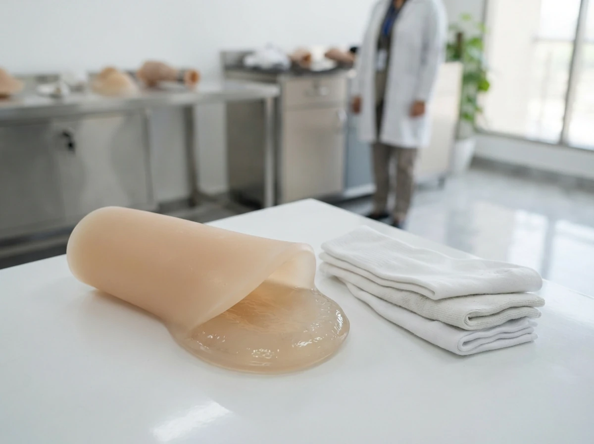 A thick translucent gel prosthetic liner turned partly inside out on a white surface to show its cushioned inner surface, beside a folded set of white cotton stump socks of different thicknesses. Product photograph. No people. Photograph taken in Karachi, Pakistan, in a clean, modern, well lit private prosthetics clinic with white walls, a polished tiled floor and tidy steel and laminate furniture. Any person shown is Pakistani and well dressed, with the face out of frame. Natural daylight, realistic colours, documentary style. No text, no signage, no logos, no watermarks. 4:3 aspect ratio.