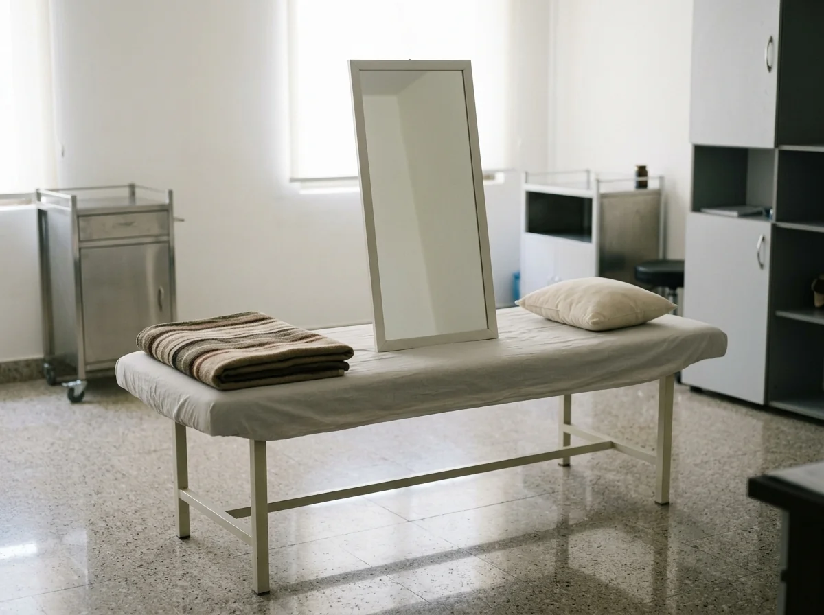 A tall rectangular mirror standing upright on a physiotherapy couch between a folded blanket and a small cushion, set up for mirror therapy in a quiet clinic room with soft daylight. No people. Photograph taken in Karachi, Pakistan, in a clean, modern, well lit private prosthetics clinic with white walls, a polished tiled floor and tidy steel and laminate furniture. Any person shown is Pakistani and well dressed, with the face out of frame. Natural daylight, realistic colours, documentary style. No text, no signage, no logos, no watermarks. 4:3 aspect ratio.