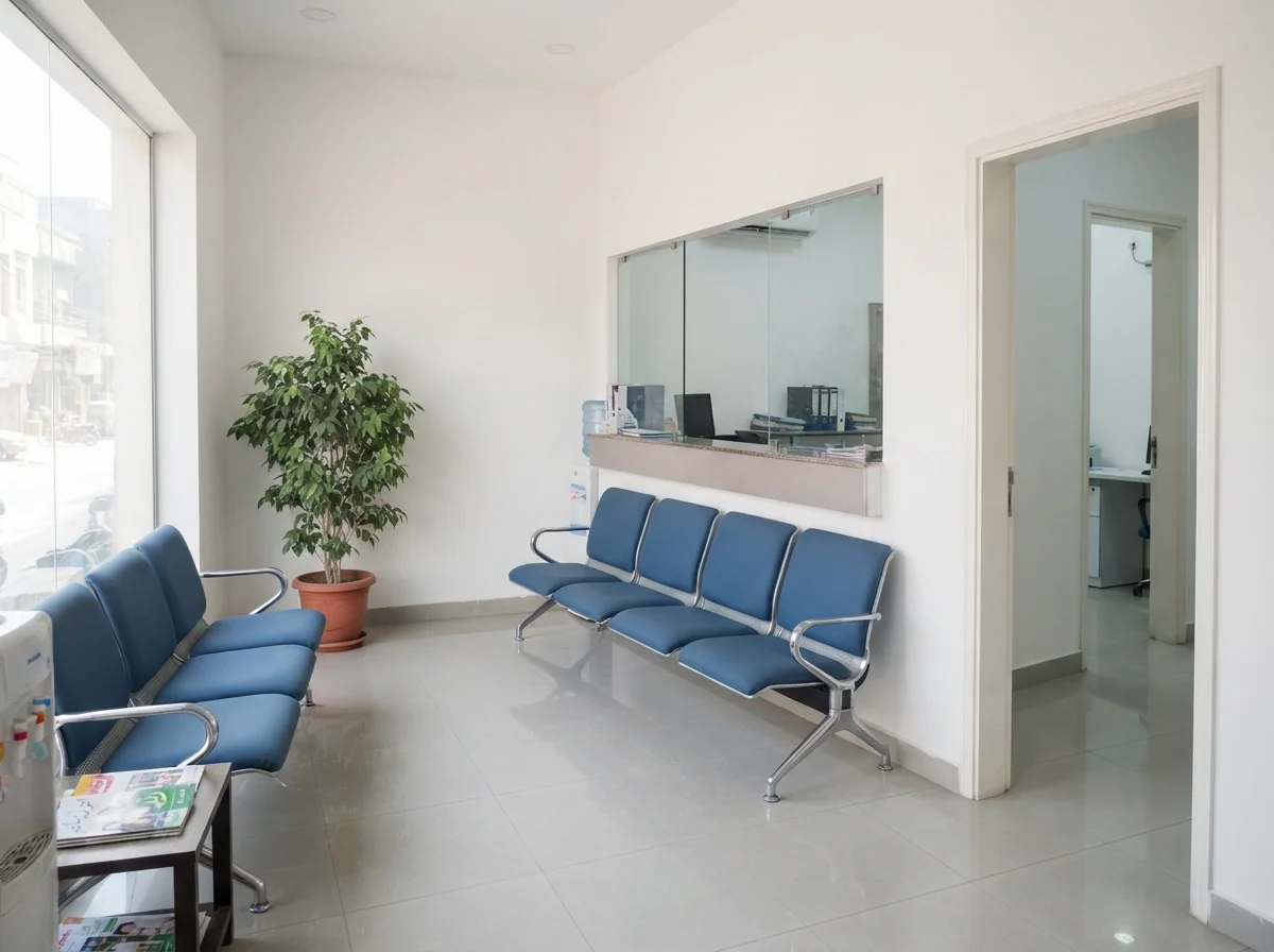 The clean, bright reception and waiting area of a private prosthetics clinic in Karachi with a row of comfortable chairs, a reception counter, a potted plant and a wide doorway. No people. Photograph taken in Karachi, Pakistan, in a clean, modern, well lit private prosthetics clinic with white walls, a polished tiled floor and tidy steel and laminate furniture. Any person shown is Pakistani and well dressed, with the face out of frame. Natural daylight, realistic colours, documentary style. No text, no signage, no logos, no watermarks. 4:3 aspect ratio.