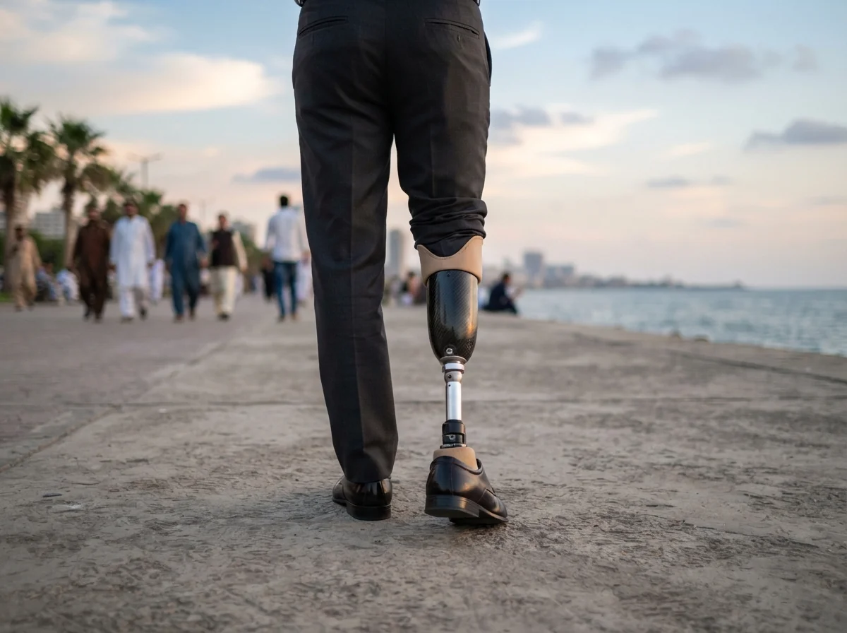 A man walking along the Seaview promenade in Karachi in the early evening wearing a below knee artificial leg under neatly pressed trousers, photographed from behind at knee height so the artificial leg and polished shoes fill the frame, sea and sky soft in the background. Photograph taken in Karachi, Pakistan. Any person shown is Pakistani and well dressed, with the face out of frame. Natural daylight, realistic colours, documentary style. No text, no signage, no logos, no watermarks. 4:3 aspect ratio.