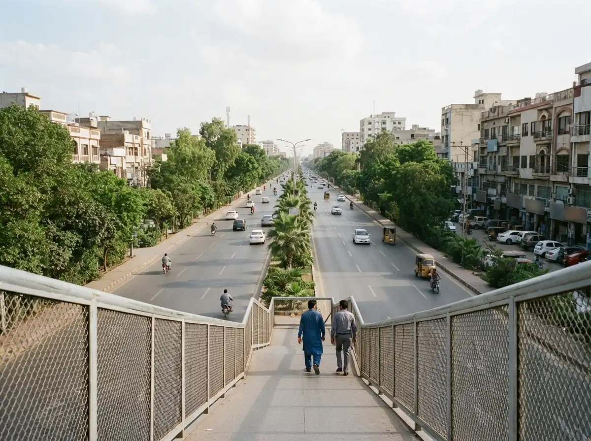 A wide tree lined main road in Gulshan-e-Iqbal, Karachi in daylight with light traffic and low rise commercial buildings, photographed from a pedestrian bridge so that no shop signs or number plates are readable. No people. Photograph taken in Karachi, Pakistan. Any person shown is Pakistani and well dressed, with the face out of frame. Natural daylight, realistic colours, documentary style. No text, no signage, no logos, no watermarks. 4:3 aspect ratio.