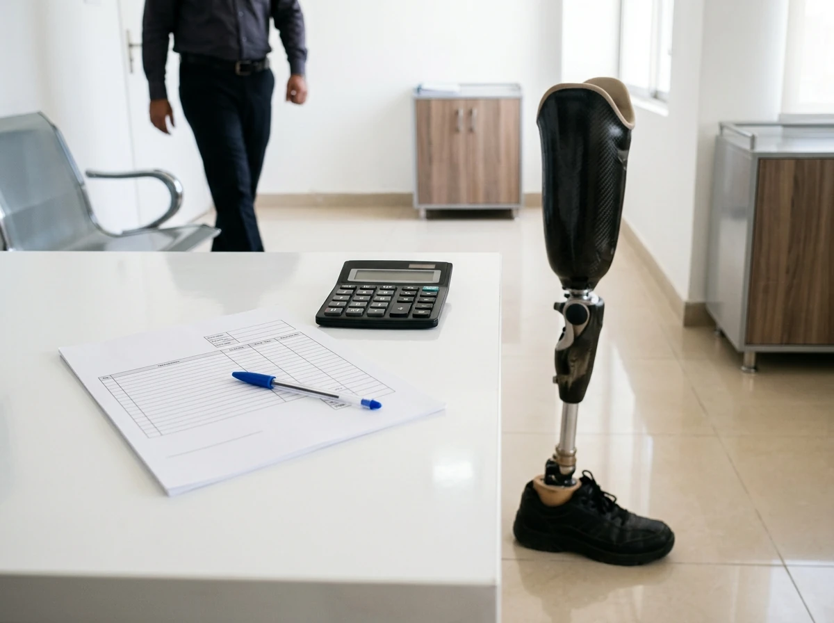 A desk calculator, a pen and a blank itemised quotation form on a clean white desk beside a below knee artificial leg standing upright, photographed at an angle so that no figures or words are readable. No people. Photograph taken in Karachi, Pakistan, in a clean, modern, well lit private prosthetics clinic with white walls, a polished tiled floor and tidy steel and laminate furniture. Any person shown is Pakistani and well dressed, with the face out of frame. Natural daylight, realistic colours, documentary style. No text, no signage, no logos, no watermarks. 4:3 aspect ratio.