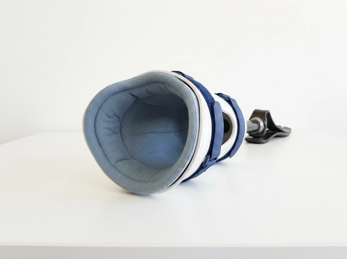 A Symes prosthesis socket with an oval side window held closed by two fabric straps, seen from the inner side, fitted to a low profile prosthetic foot, on a white bench. Product photograph. No people. Photograph taken in Karachi, Pakistan, in a clean, modern, well lit private prosthetics clinic with white walls, a polished tiled floor and tidy steel and laminate furniture. Any person shown is Pakistani and well dressed, with the face out of frame. Natural daylight, realistic colours, documentary style. No text, no signage, no logos, no watermarks. 4:3 aspect ratio.