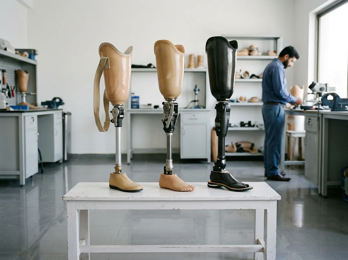Three above knee artificial legs standing in a row on a white bench with increasing specification from left to right: one with a simple locking knee and belt, one with a four bar knee, and one with a hydraulic knee and carbon foot. Product photograph. No people. Photograph taken in Karachi, Pakistan, in a clean, modern, well lit private prosthetics clinic with white walls, a polished tiled floor and tidy steel and laminate furniture. Any person shown is Pakistani and well dressed, with the face out of frame. Natural daylight, realistic colours, documentary style. No text, no signage, no logos, no watermarks. 4:3 aspect ratio.