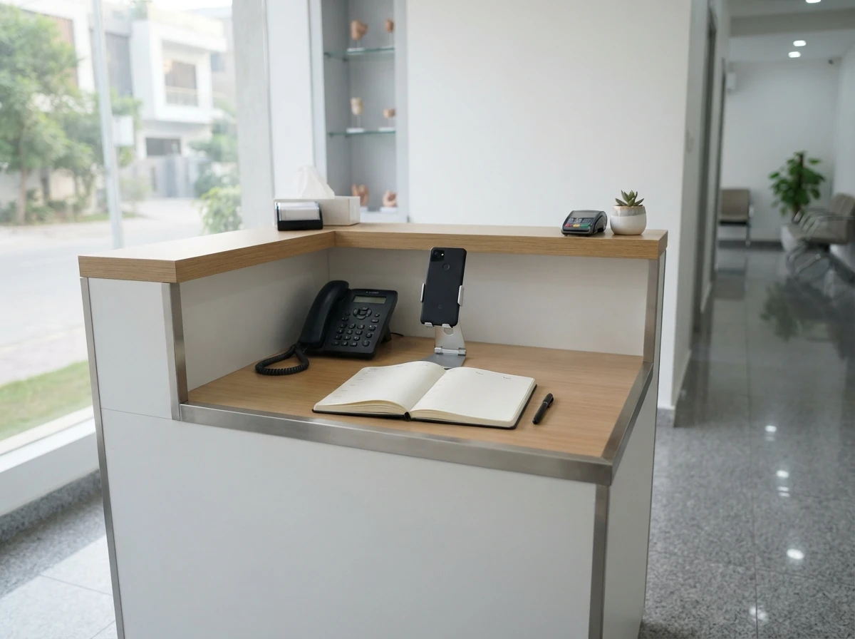 A clean clinic reception counter with a desk telephone, a smartphone on a small stand and a neat appointment diary open to a blank page, in soft daylight. No people. Photograph taken in Karachi, Pakistan, in a clean, modern, well lit private prosthetics clinic with white walls, a polished tiled floor and tidy steel and laminate furniture. Any person shown is Pakistani and well dressed, with the face out of frame. Natural daylight, realistic colours, documentary style. No text, no signage, no logos, no watermarks. 4:3 aspect ratio.
