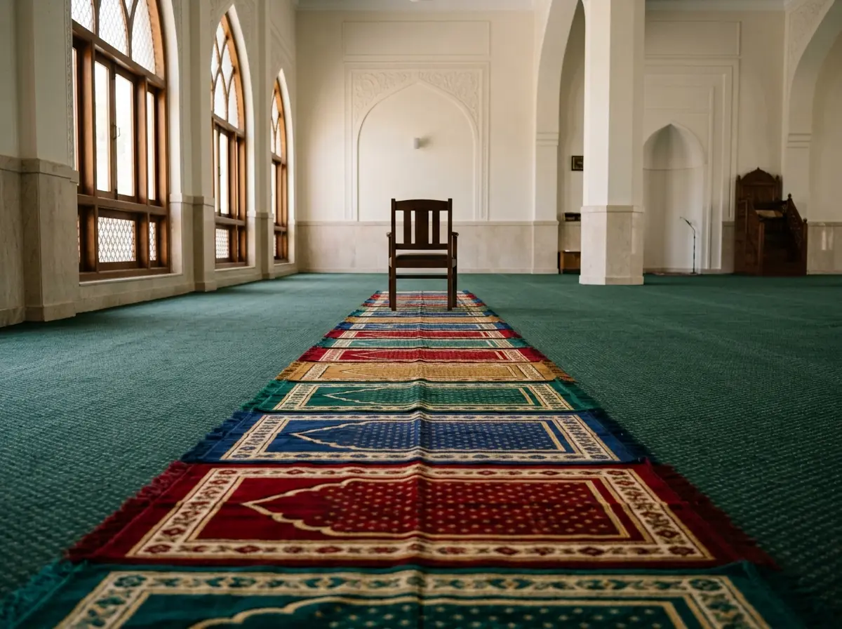 A row of neatly arranged prayer mats in a clean quiet prayer hall with a plain sturdy chair placed at the far end of the row, photographed from behind at a low angle in soft daylight. No people. Photograph taken in Karachi, Pakistan. Any person shown is Pakistani and well dressed, with the face out of frame. Natural daylight, realistic colours, documentary style. No text, no signage, no logos, no watermarks. 4:3 aspect ratio.