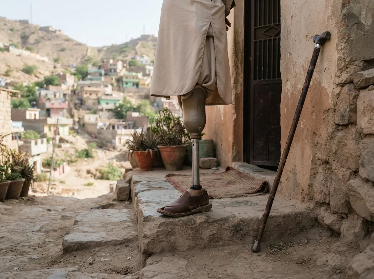 A simple robust below knee artificial leg with a solid rubber foot in a dusty brown sandal standing on a stone step outside a home in a dry hilly landscape, with a walking stick leaning beside it. No people. Photograph taken in Karachi, Pakistan. Any person shown is Pakistani and well dressed, with the face out of frame. Natural daylight, realistic colours, documentary style. No text, no signage, no logos, no watermarks. 4:3 aspect ratio.