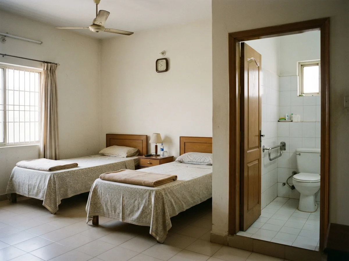 A simple clean ground floor guest house room in Karachi with two single beds, a ceiling fan, a small table and an attached bathroom door standing open to show a commode with a grab rail, in daylight. No people. Photograph taken in Karachi, Pakistan. Any person shown is Pakistani and well dressed, with the face out of frame. Natural daylight, realistic colours, documentary style. No text, no signage, no logos, no watermarks. 4:3 aspect ratio.