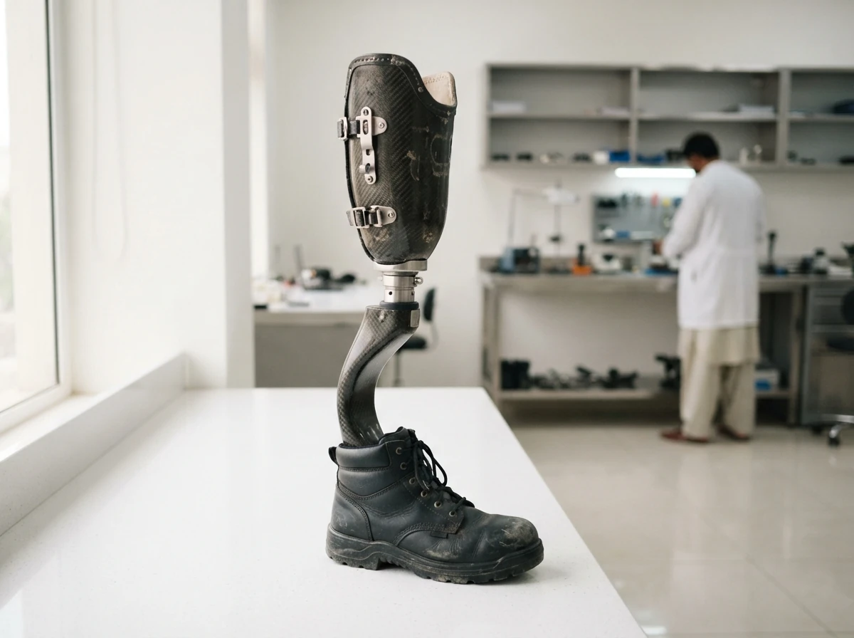 A robust below knee artificial leg built for heavy use, with a carbon fibre socket, a dynamic carbon foot and a black steel toe safety boot fitted over the foot, standing on a white bench. Product photograph. No people. Photograph taken in Karachi, Pakistan, in a clean, modern, well lit private prosthetics clinic with white walls, a polished tiled floor and tidy steel and laminate furniture. Any person shown is Pakistani and well dressed, with the face out of frame. Natural daylight, realistic colours, documentary style. No text, no signage, no logos, no watermarks. 4:3 aspect ratio.