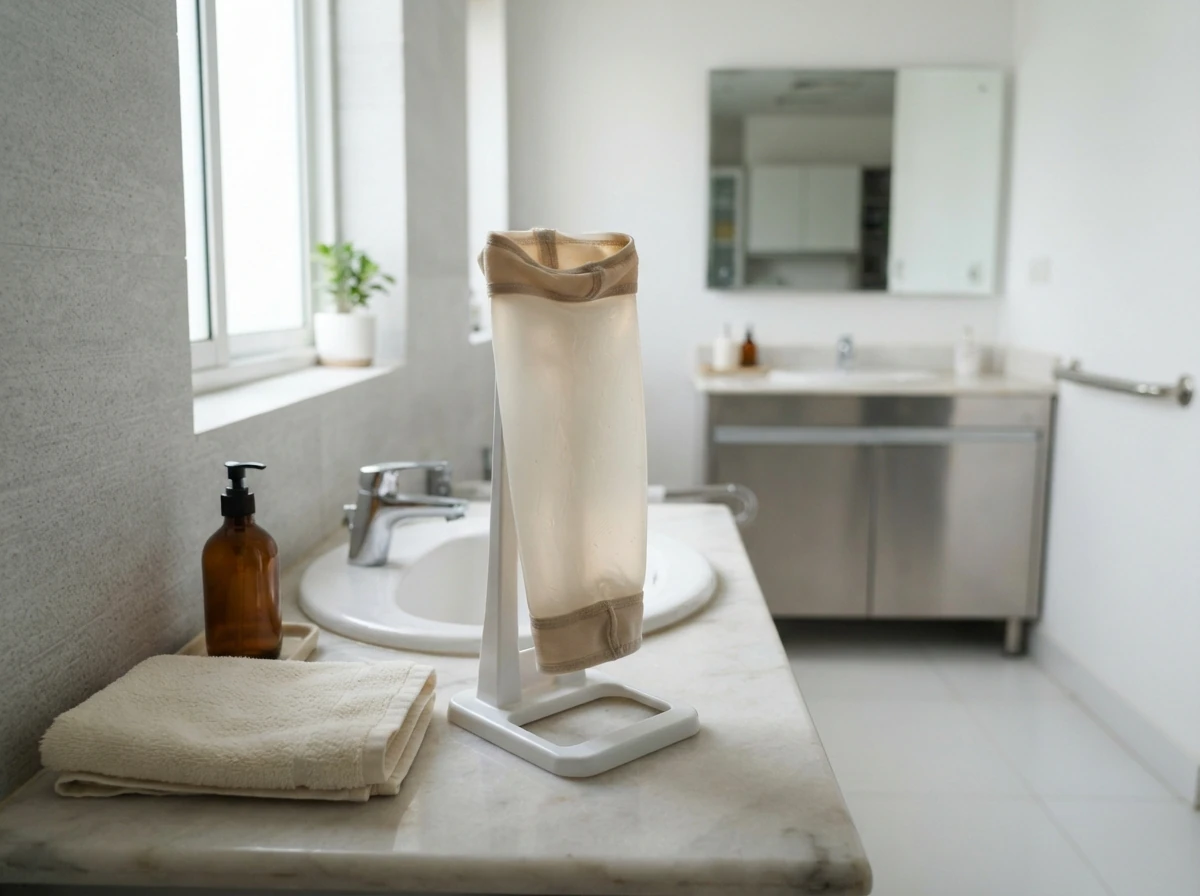 A translucent gel prosthetic liner drying on a white plastic liner stand next to a bathroom basin with a folded towel and a bottle of mild liquid soap, in a clean tiled bathroom with daylight from a window. No people. Photograph taken in Karachi, Pakistan, in a clean, modern, well lit private prosthetics clinic with white walls, a polished tiled floor and tidy steel and laminate furniture. Any person shown is Pakistani and well dressed, with the face out of frame. Natural daylight, realistic colours, documentary style. No text, no signage, no logos, no watermarks. 4:3 aspect ratio.