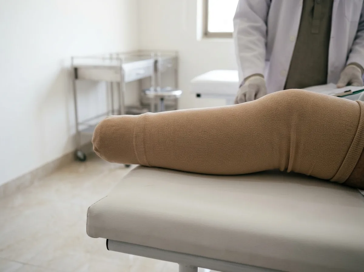 A below knee residual limb wrapped neatly in a beige elastic shrinker sock, resting on a clean white examination couch, photographed from the side at close range. Only the limb is visible. Photograph taken in Karachi, Pakistan, in a clean, modern, well lit private prosthetics clinic with white walls, a polished tiled floor and tidy steel and laminate furniture. Any person shown is Pakistani and well dressed, with the face out of frame. Natural daylight, realistic colours, documentary style. No text, no signage, no logos, no watermarks. 4:3 aspect ratio.