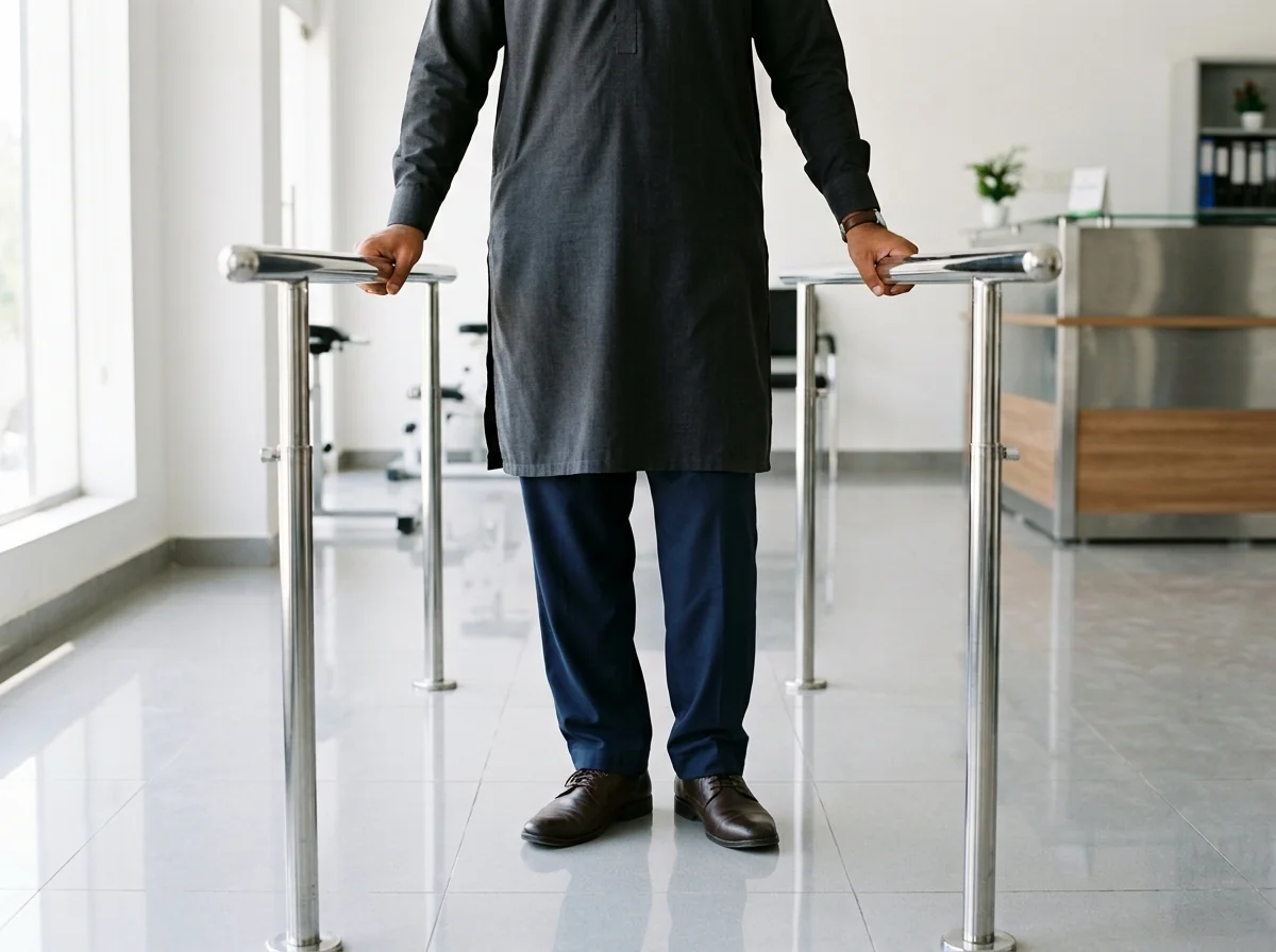 A hip disarticulation artificial leg worn under dark trousers and a long kurta, standing between chrome parallel bars on a clean tiled floor, photographed from the waist down from the side, both hands resting lightly on the bars, face out of frame. Photograph taken in Karachi, Pakistan, in a clean, modern, well lit private prosthetics clinic with white walls, a polished tiled floor and tidy steel and laminate furniture. Any person shown is Pakistani and well dressed, with the face out of frame. Natural daylight, realistic colours, documentary style. No text, no signage, no logos, no watermarks. 4:3 aspect ratio.