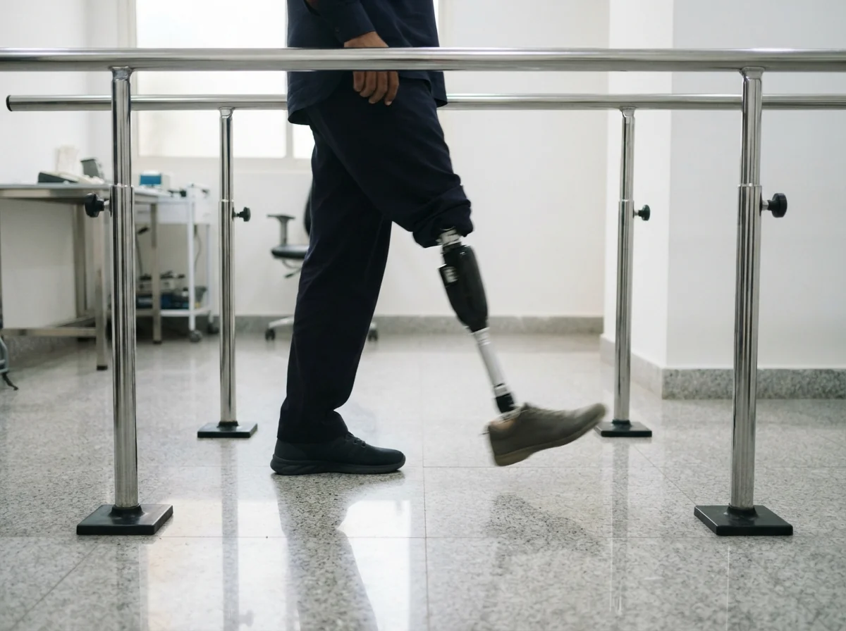 An above knee artificial leg taking a step between chrome parallel walking bars on a clean tiled floor, photographed at knee height from the side so the artificial knee is slightly bent in mid swing, the wearer in dark trousers with only the legs visible. Photograph taken in Karachi, Pakistan, in a clean, modern, well lit private prosthetics clinic with white walls, a polished tiled floor and tidy steel and laminate furniture. Any person shown is Pakistani and well dressed, with the face out of frame. Natural daylight, realistic colours, documentary style. No text, no signage, no logos, no watermarks. 4:3 aspect ratio.
