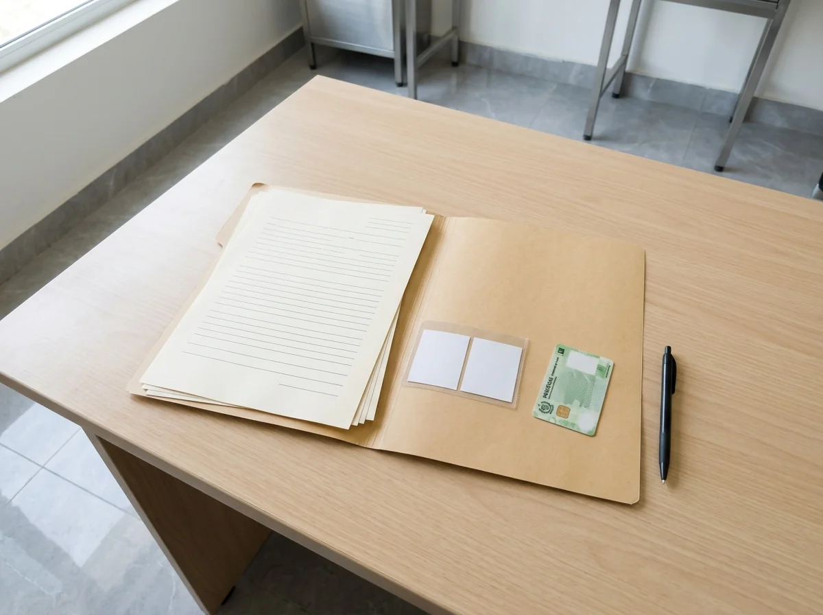 A plain document folder open on a clean desk showing blank application forms, passport size photograph blanks, a national identity card turned face down and a pen, photographed from above so that no words or faces are readable. No people. Photograph taken in Karachi, Pakistan, in a clean, modern, well lit private prosthetics clinic with white walls, a polished tiled floor and tidy steel and laminate furniture. Any person shown is Pakistani and well dressed, with the face out of frame. Natural daylight, realistic colours, documentary style. No text, no signage, no logos, no watermarks. 4:3 aspect ratio.