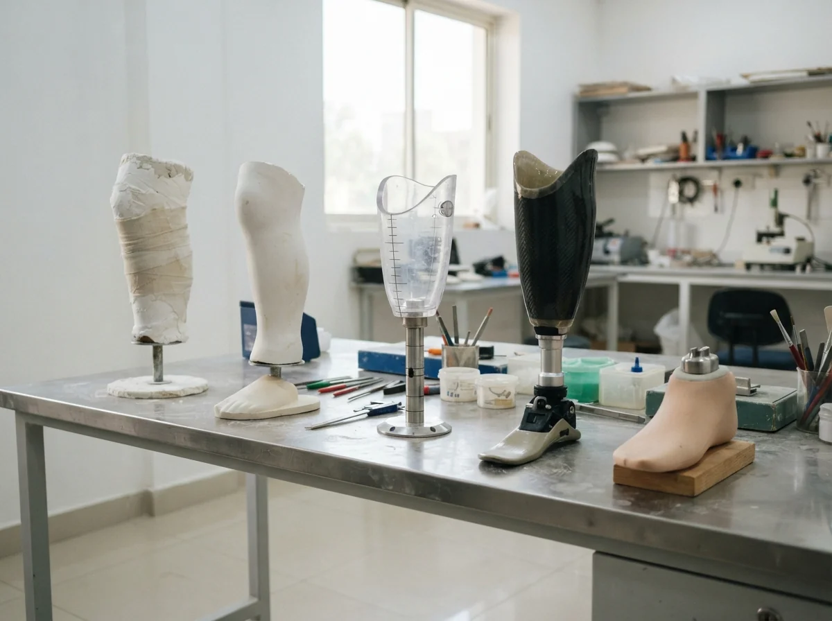 A tidy prosthetics workshop bench showing the stages of making a leg from left to right: a white plaster cast, a smoothed plaster model, a clear plastic test socket, and a finished laminated socket on a pylon with a foot. Product photograph. No people. Photograph taken in Karachi, Pakistan, in a clean, modern, well lit private prosthetics clinic with white walls, a polished tiled floor and tidy steel and laminate furniture. Any person shown is Pakistani and well dressed, with the face out of frame. Natural daylight, realistic colours, documentary style. No text, no signage, no logos, no watermarks. 4:3 aspect ratio.