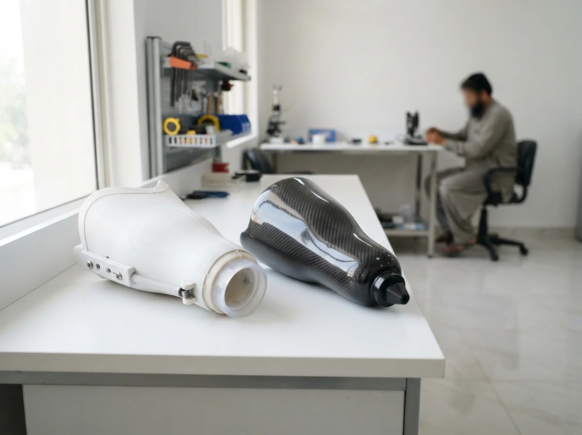 Two below knee prosthetic sockets side by side on a white workbench, a plain white temporary socket on the left and a finished glossy carbon fibre definitive socket on the right. Product photograph. No people. Photograph taken in Karachi, Pakistan, in a clean, modern, well lit private prosthetics clinic with white walls, a polished tiled floor and tidy steel and laminate furniture. Any person shown is Pakistani and well dressed, with the face out of frame. Natural daylight, realistic colours, documentary style. No text, no signage, no logos, no watermarks. 4:3 aspect ratio.