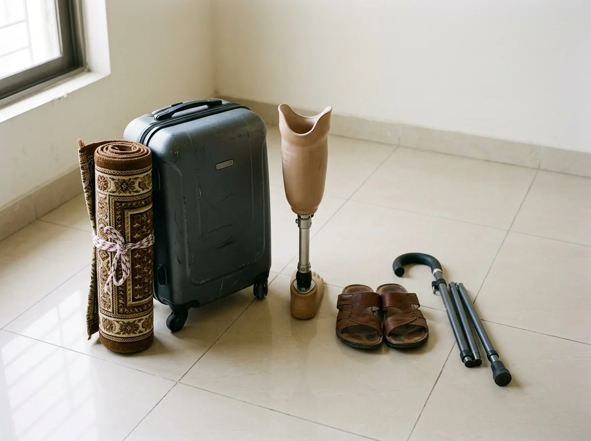 A beautifully woven prayer mat rolled and tied beside a compact cabin suitcase, a pair of simple leather sandals and a folding walking stick, with a below knee artificial leg standing next to them on a clean tiled floor, prepared for a pilgrimage journey. No people. Photograph taken in Karachi, Pakistan. Any person shown is Pakistani and well dressed, with the face out of frame. Natural daylight, realistic colours, documentary style. No text, no signage, no logos, no watermarks. 4:3 aspect ratio.