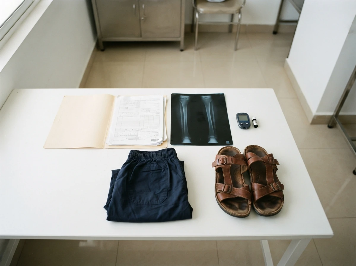 A neat arrangement on a white table of items to bring to a prosthetic assessment: a plain folder of medical papers, an X ray film, a small blood glucose meter, a pair of brown leather sandals and a folded pair of shorts. Still life photograph from above. No people. Photograph taken in Karachi, Pakistan, in a clean, modern, well lit private prosthetics clinic with white walls, a polished tiled floor and tidy steel and laminate furniture. Any person shown is Pakistani and well dressed, with the face out of frame. Natural daylight, realistic colours, documentary style. No text, no signage, no logos, no watermarks. 4:3 aspect ratio.