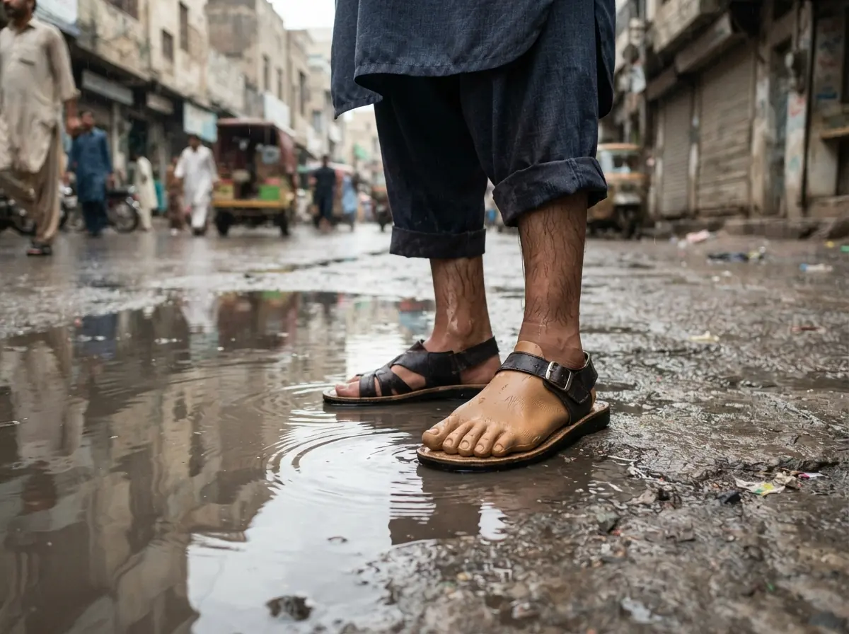 A prosthetic foot in a dark sandal standing at the edge of a rain puddle on a wet paved Karachi street after monsoon rain, photographed at ground level with only the lower legs and rolled trouser hems visible. Photograph taken in Karachi, Pakistan. Any person shown is Pakistani and well dressed, with the face out of frame. Natural daylight, realistic colours, documentary style. No text, no signage, no logos, no watermarks. 4:3 aspect ratio.