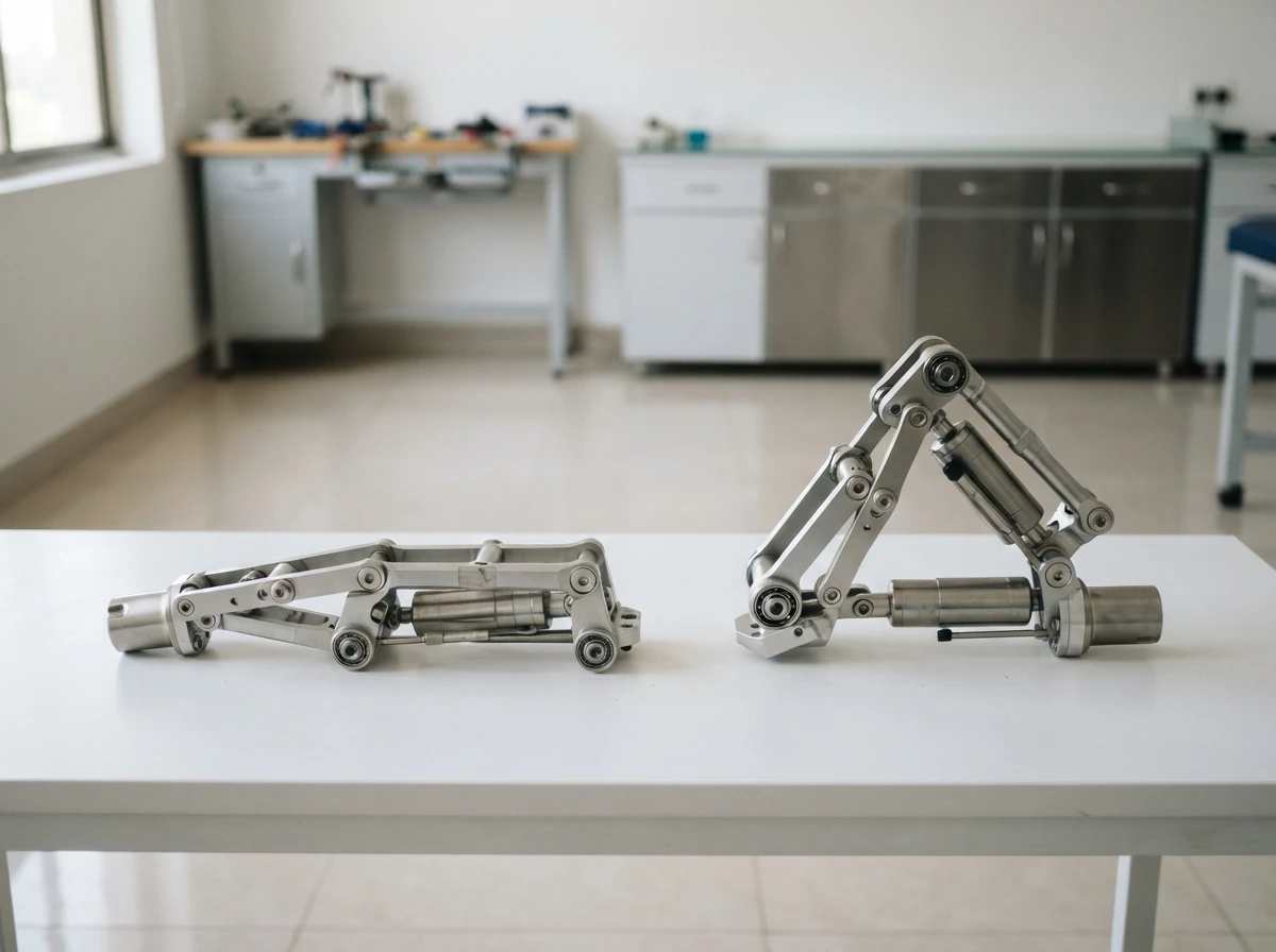 A compact four bar polycentric prosthetic knee joint shown twice side by side on a white surface, once straight and once fully bent, to show how it folds. Product photograph. No people. Photograph taken in Karachi, Pakistan, in a clean, modern, well lit private prosthetics clinic with white walls, a polished tiled floor and tidy steel and laminate furniture. Any person shown is Pakistani and well dressed, with the face out of frame. Natural daylight, realistic colours, documentary style. No text, no signage, no logos, no watermarks. 4:3 aspect ratio.