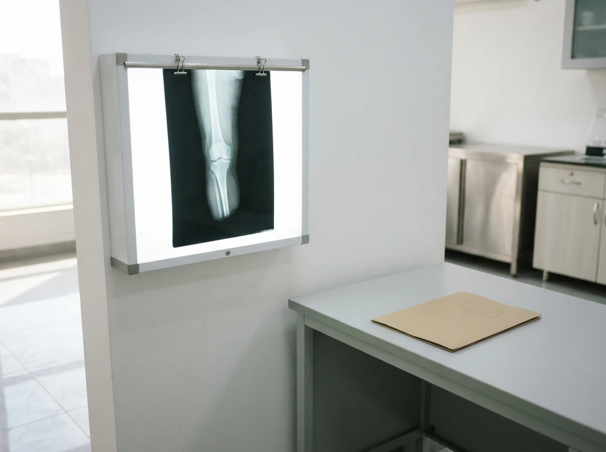 An X ray film of a below knee residual limb clipped to an illuminated viewing box on the wall of a clean clinic room, showing the two bone ends, beside a desk with a closed folder. No people. Photograph taken in Karachi, Pakistan, in a clean, modern, well lit private prosthetics clinic with white walls, a polished tiled floor and tidy steel and laminate furniture. Any person shown is Pakistani and well dressed, with the face out of frame. Natural daylight, realistic colours, documentary style. No text, no signage, no logos, no watermarks. 4:3 aspect ratio.