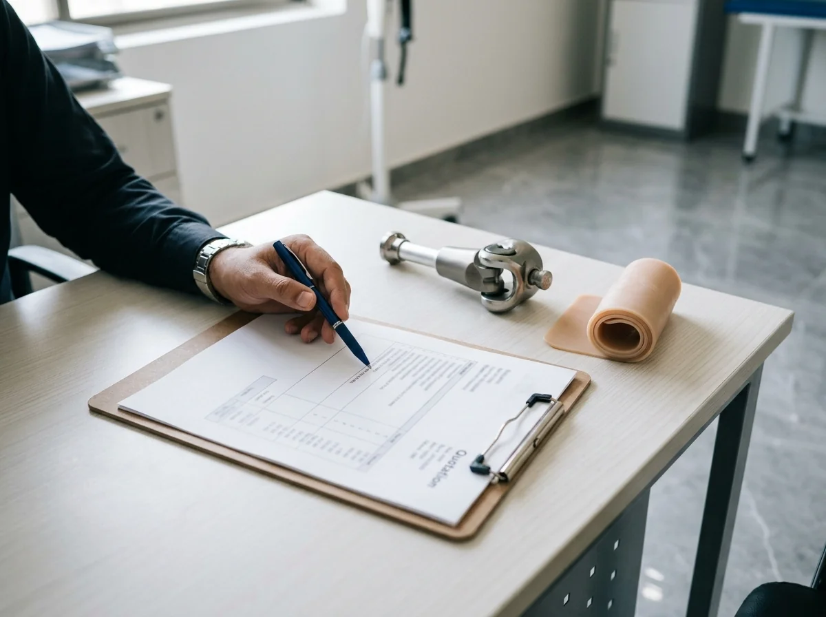 A hand holding a pen pointing to one line of an itemised quotation on a clipboard, with a prosthetic knee joint and a gel liner on the desk beside it, photographed so that no words or figures are readable, the person out of frame. Photograph taken in Karachi, Pakistan, in a clean, modern, well lit private prosthetics clinic with white walls, a polished tiled floor and tidy steel and laminate furniture. Any person shown is Pakistani and well dressed, with the face out of frame. Natural daylight, realistic colours, documentary style. No text, no signage, no logos, no watermarks. 4:3 aspect ratio.